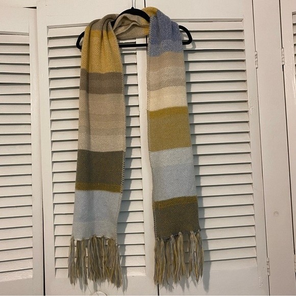 Blue and Yellow Striped Chunky Oversized Fringe Scarf - Picture 1 of 5